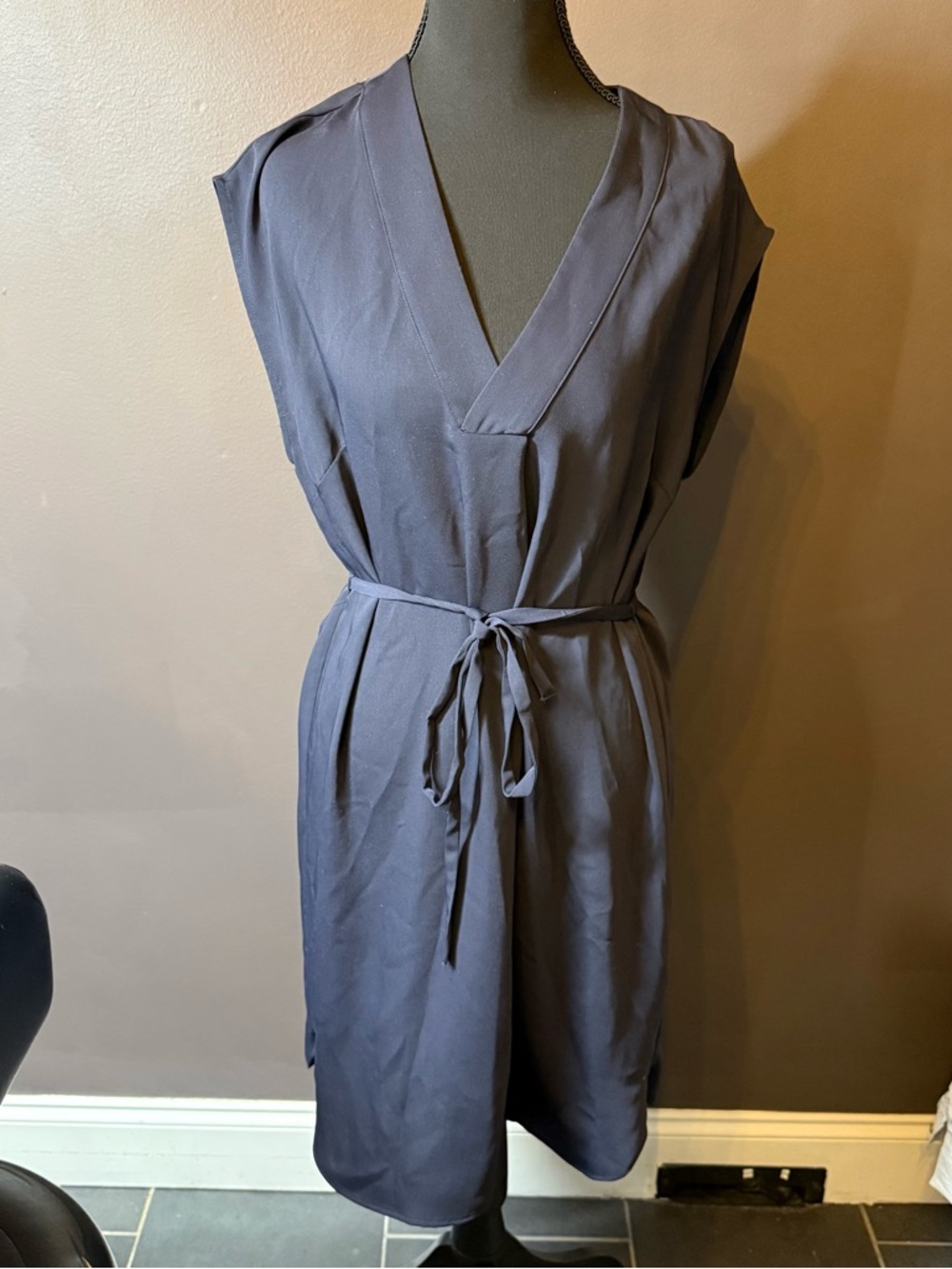 H&M Navy Blue Midi Dress with Waist Tie